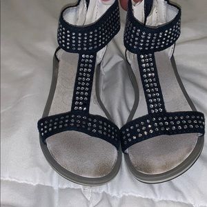 Navy blue sparkle T strap Italian leather sandal